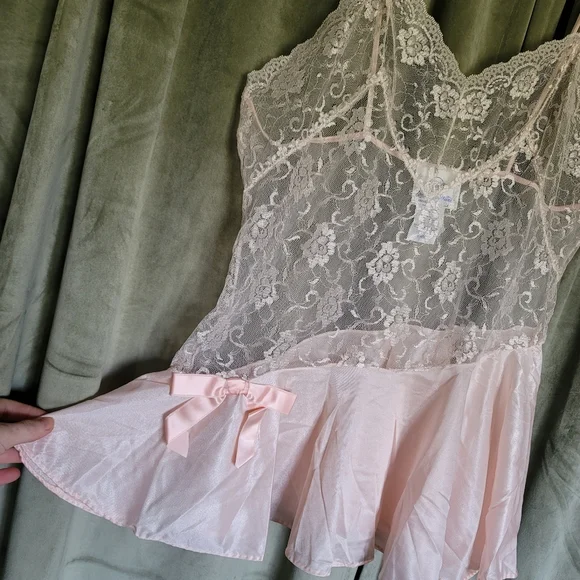 Vintage Coquette Girlypop Feminine Girly Balletcore Sheer Lace Pink Slip Dress - Picture 10 of 11